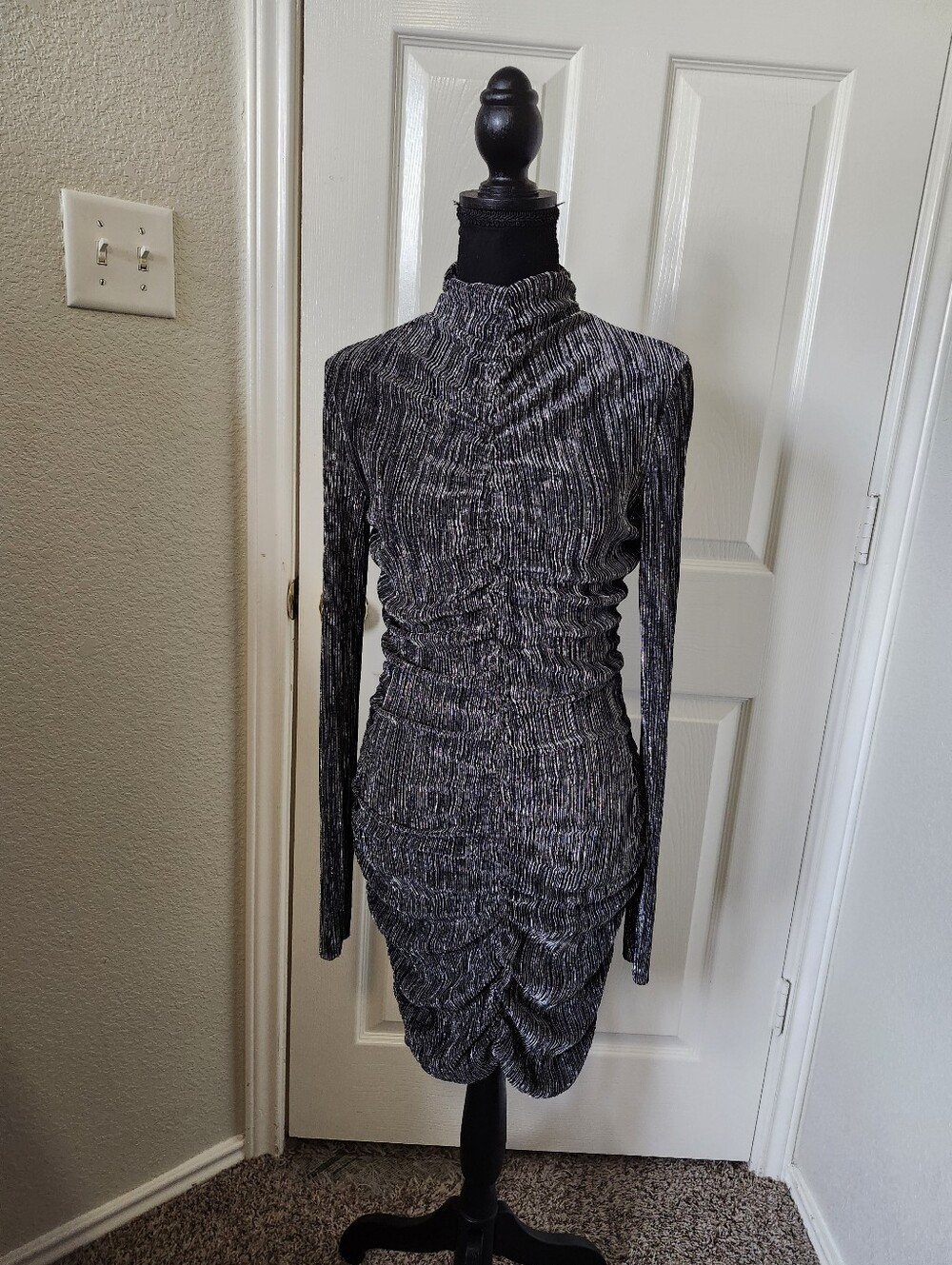 Zara Metallic Silver Long-Sleeve Ruched Mock-Neck Dress in Charcoal